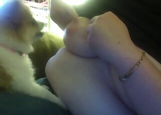 豐滿成熟的女人讓小狗舔她的大胸部和乳頭