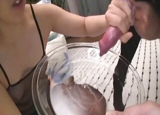 Bewildering scene showing a brown-haired chick that worships dog dicks