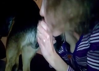 Geklede amateurvrouw gefilmd terwijl ze als een gek de lul van een hond in haar keel zuigt