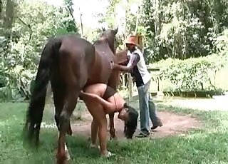 Lovely movie showing a brown stallion fucking a cuckoldress outdoors