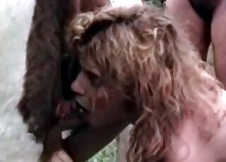 Outdoor blowjob session with a horny blonde and a horse