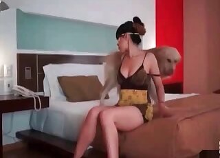 White dog gets pleasure of licking pussy of a sweet zoophile female