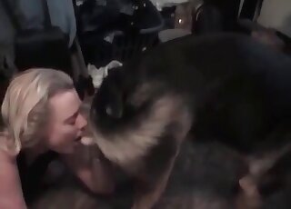 Spoiled mature bitch gives a blowjob to a dog in a zoo porn action