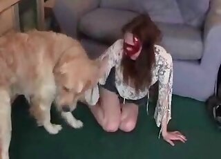 Zoo slut is eager to have sex with her fluffy dog in a zoo sex scene
