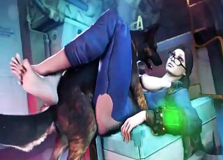 身材修長的3D黑髮女郎被一隻變態的狗以傳教士體位性交