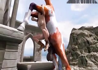 Outdoor horse fuck movie showing Lara Croft fucking a stallion