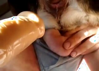 Brown dildo is being inserted into this dog's ass in a DP zoo porno